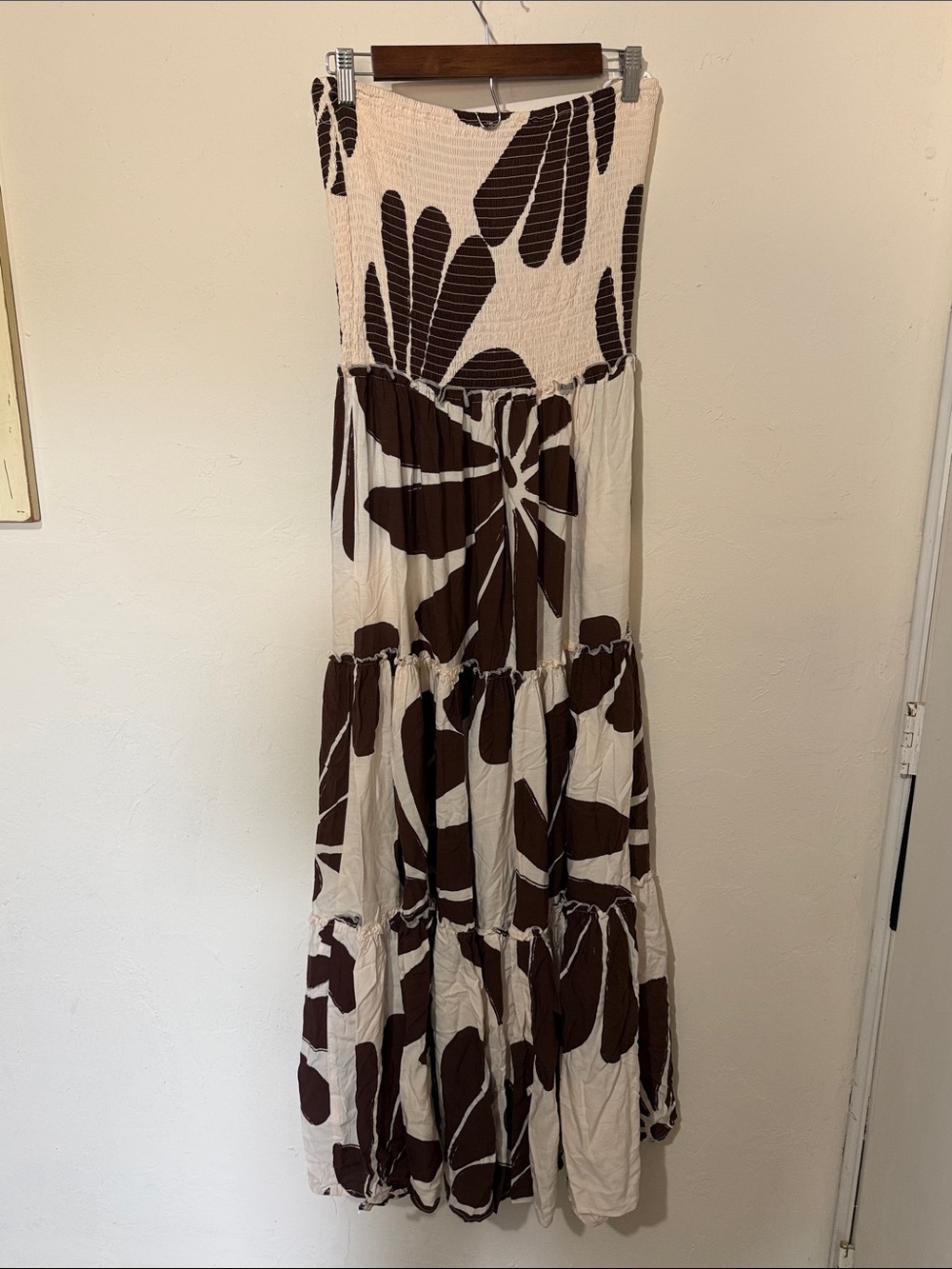 Smocked Strapless Maxi Dress in White with Brown Floral Print - Picture 5 of 5